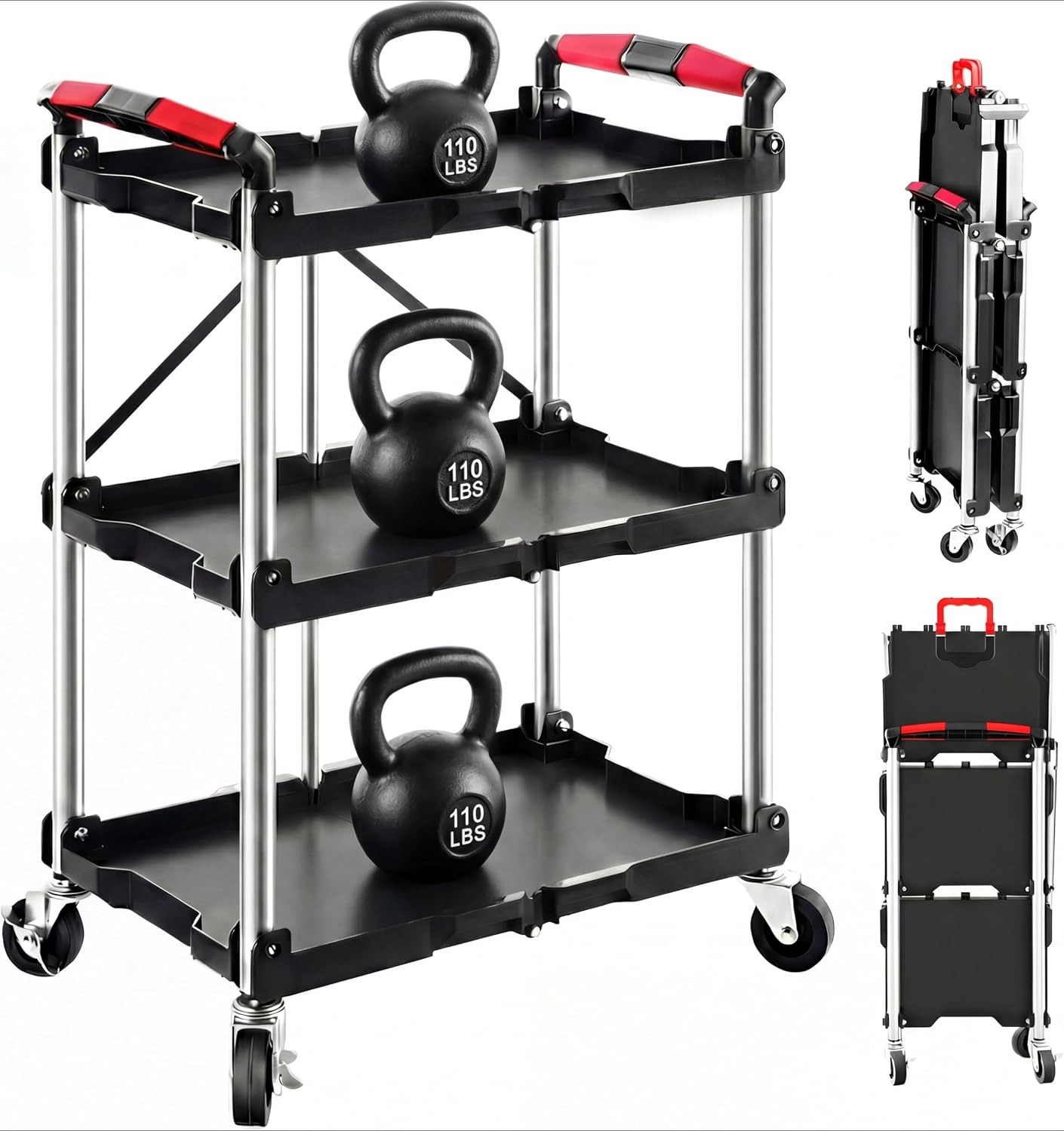 Workshop Tools Shelf - 3-Shelf Foldable Rolling Utility Service Cart